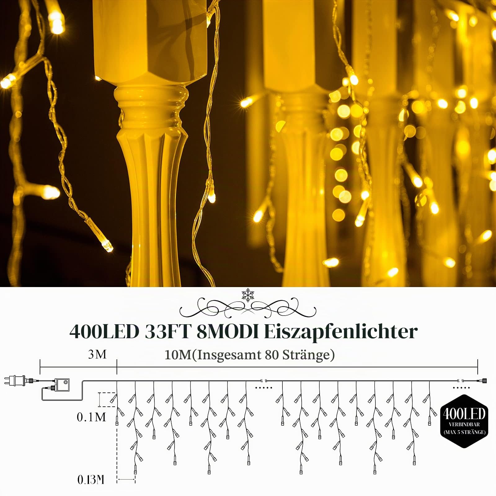 400 LED Eisregen Lichterkette Außen, 10M Erweiterbare Lichterkette Vorhang Fenster mit Timer Innen Strombetrieben 8 Modi IP44 Warmweiß Eiszapfen Lichtervorhang aussen für Traufe Garten Balkon