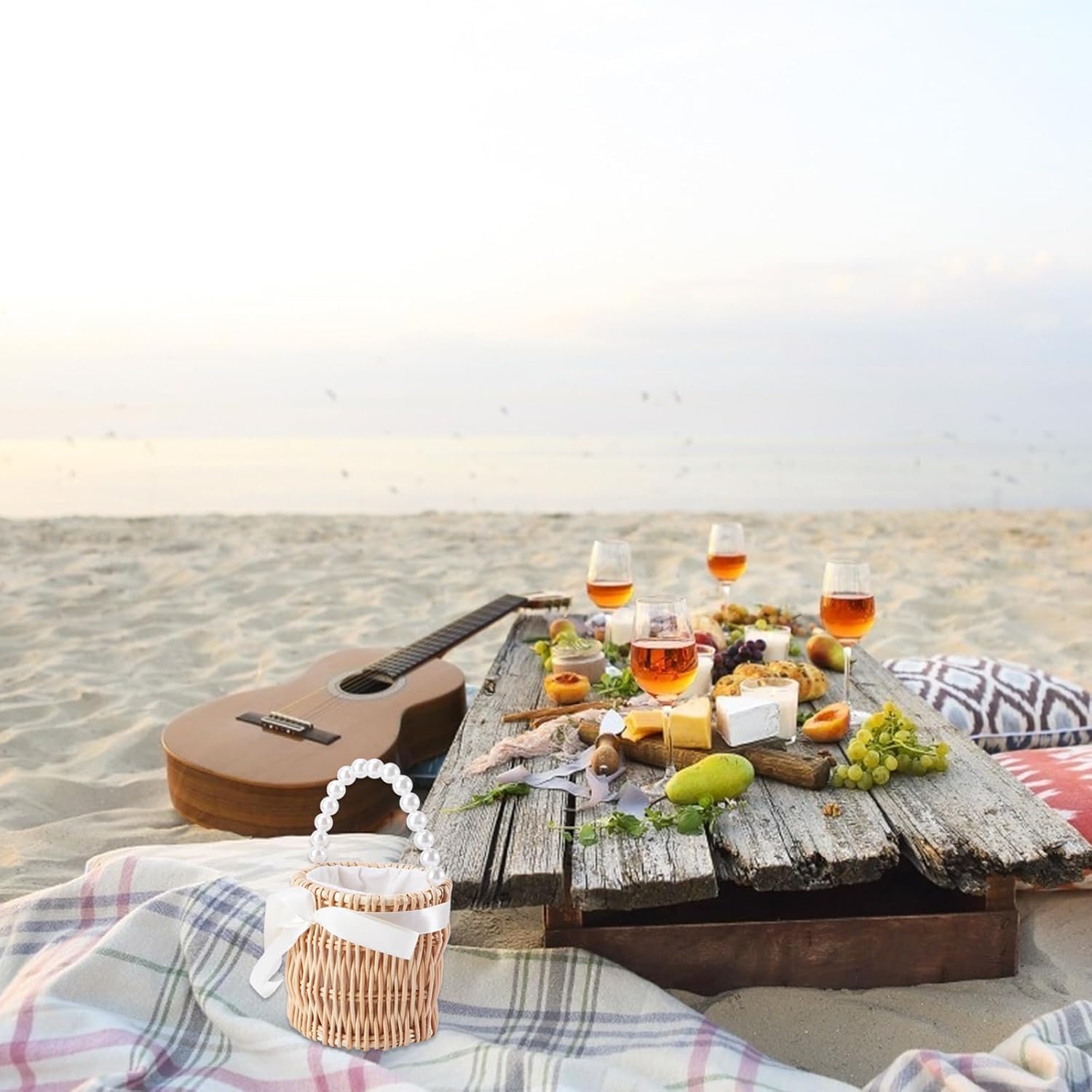 IMIKEYA Wicker Rattan Flower Girl Basket, Wedding Stylish Decorative Shoulder Pouch Baskets with Pearl Handle Bowknot Decorative for Wedding Party Home Decoration