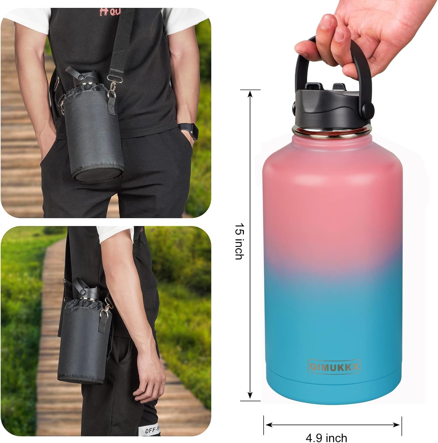 QIMUKKX Water Bottle, Insulated Stainless Steel 64 oz Sports Water Bottles with Straw Lids, Double Wall Sweat-Proof Half Gallon Metal Thermos to Keep Cold for 24 Hours, BPA Free : Sports & Outdoors