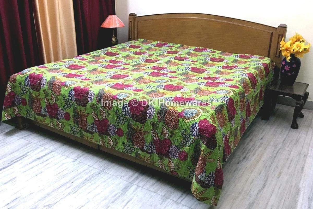 Indian Bohemian Parrot Green Queen Size Kanta Quilt Decorative Cotton Kantha Work Tropical Fruit Printed Hand Stitched (108 x 90) -Set of 1 Coverlet Bedspread