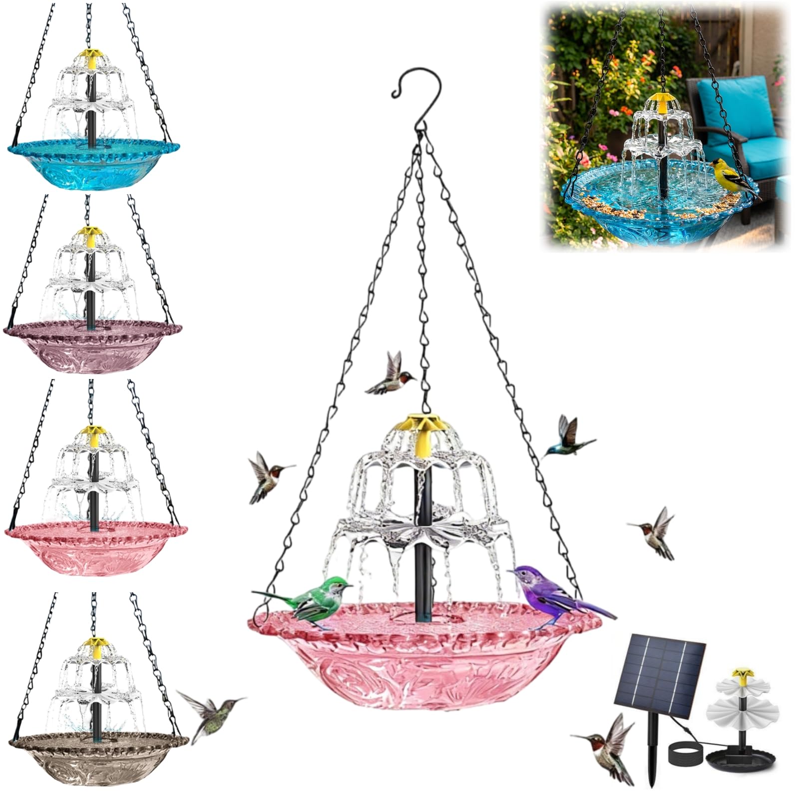 Spring Solar Fountain for Bird Bath, Hanging Solar Bird Bath Fountain with 3 layers, 2026 New Attracts Hummingbirds,Wild Birds for Garden, Hanging Feeder Tray, Birds Baths for Garden (3 Layers-Pink)