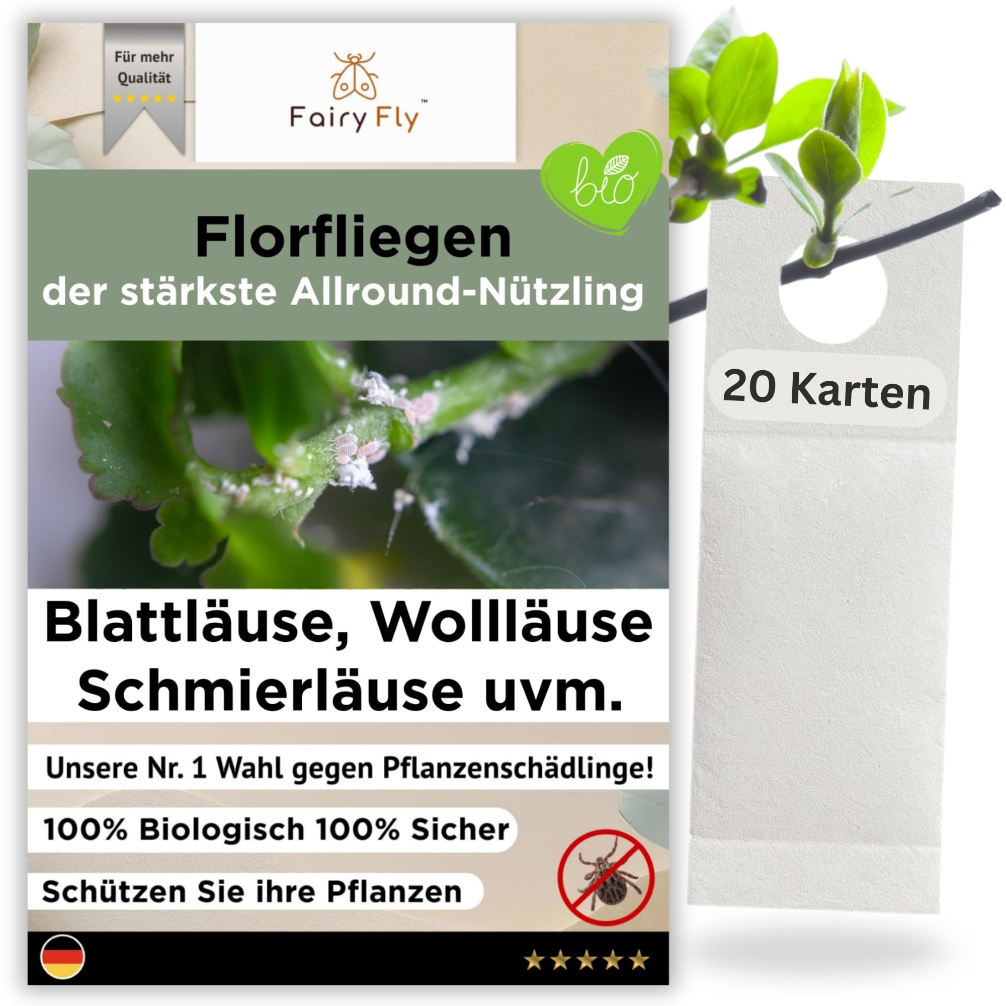 FairyFly Florfliegenlarven gegen Blattläuse, Wollläuse, Thripse & Spinnmilben– praktische Karten zum Aufhängen – 20 Karten für 20 – 25 Pflanzen – effektiv für Gemüse, Zierpflanzen & mehr