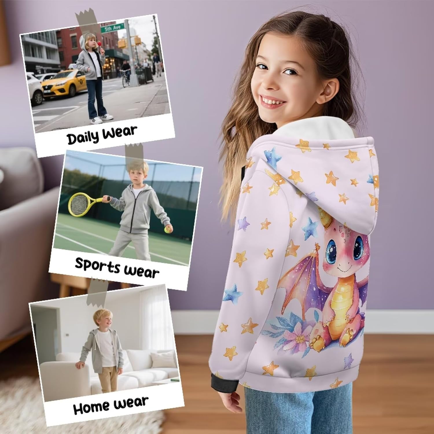 WELLFLYHOM Kids Graphic Hoodie for Girls 6-16 Fleece Lining Hooded Zipper Sweatshirts Long Sleeve Sweater Tops with Pocket