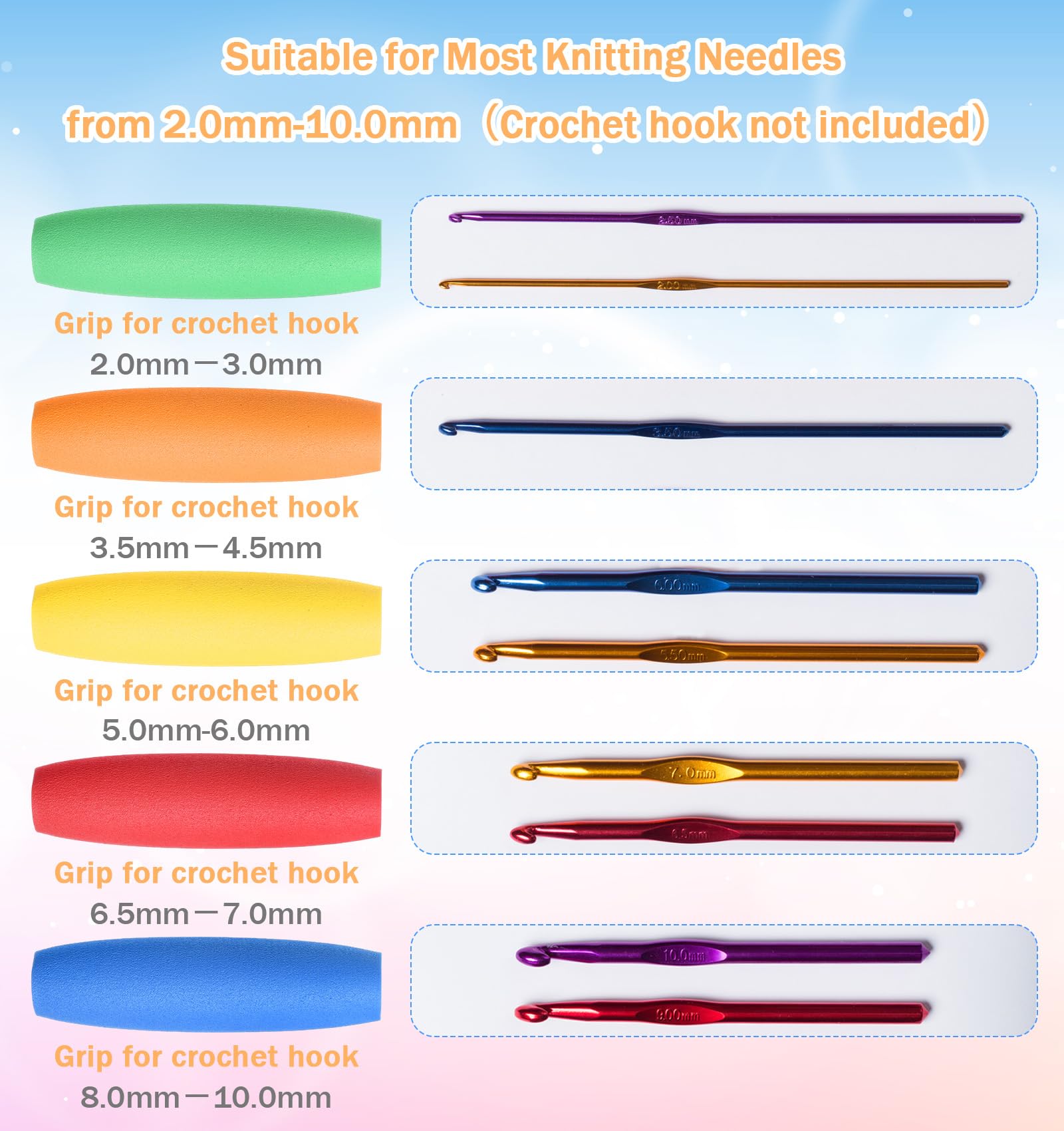 5 Pack Crochet Hook Grips, Ergonomic Crochet Hook Grip Tubing, Soft Handle Covers for Crocheting Knitting (Green Orange Yellow Red Blue) - 4