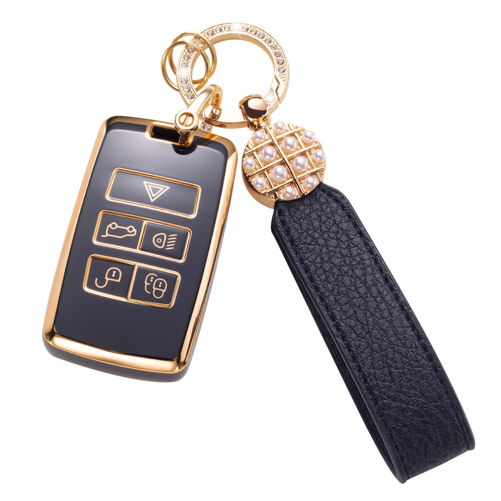 Qetoosur for Land Rover Key Fob Cover with Leather Lanyard, Key Case Protection Shell Fit for 2018-2022 Land Rover Discovery Range Rover Sport Evoque Smart Key Holder, Black