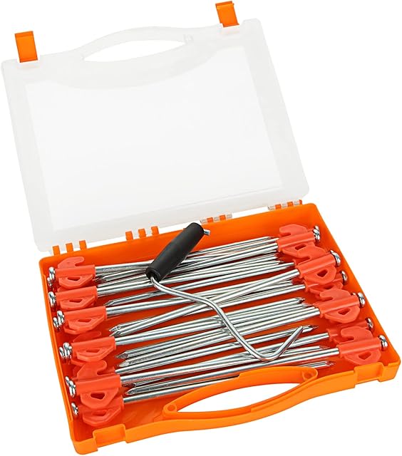 MIVIDE 20Pack 8In Heavy Duty Tent Pegs, Extra Strong Tent Pegs Heavy Duty, Storm Proof Steel Tent Pegs Tent Accessories with Portable Storage Case for Hard Ground, Rock, Sand