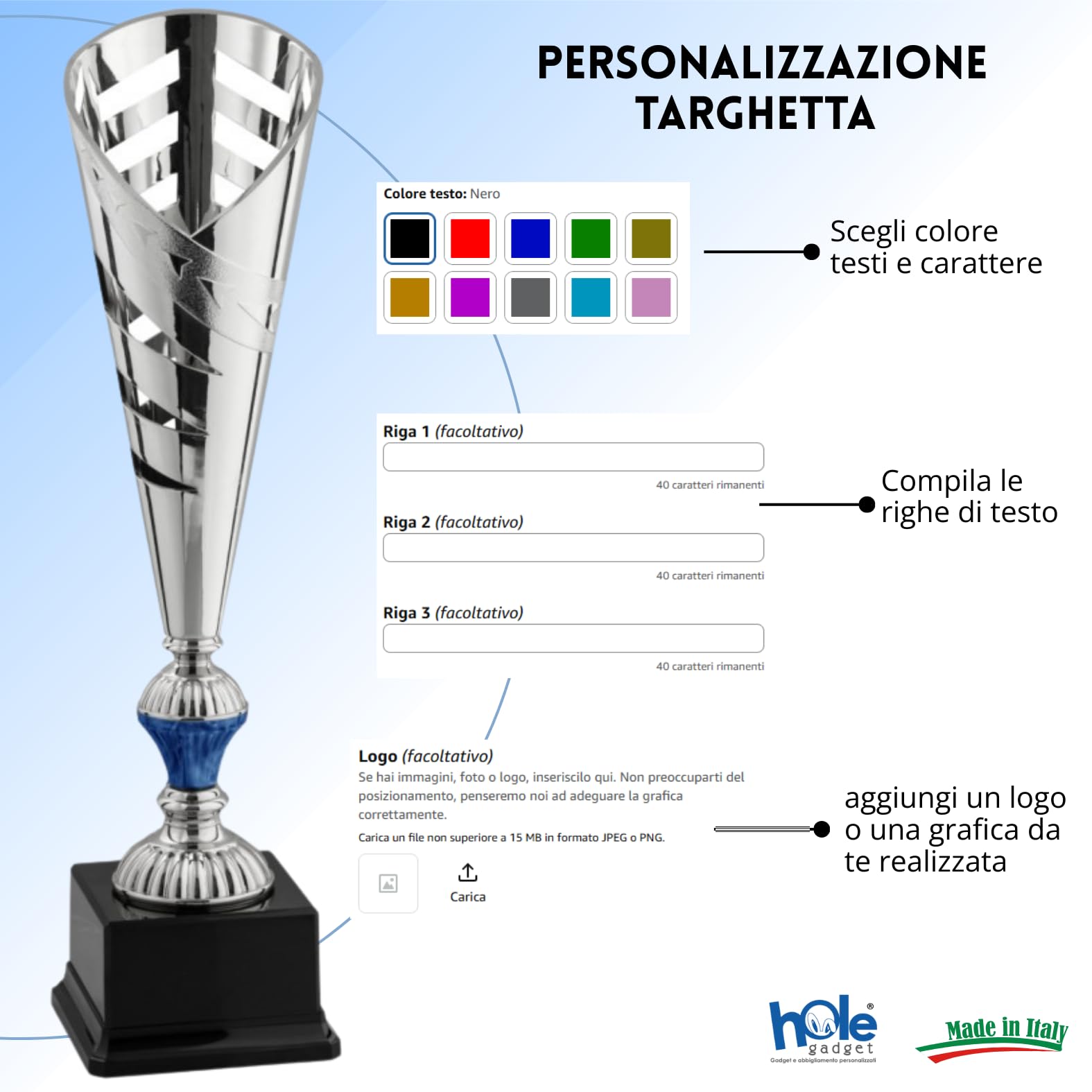 Coppa Trofeo Personalizzabile 41, 40, 39 cm Singolo o Tris per Tutti Gli Sport, Calcio, Calcettto, Tennis, Basket, Padel, Fantacalcio, Concorsi, Premiazioni cod 12.911
