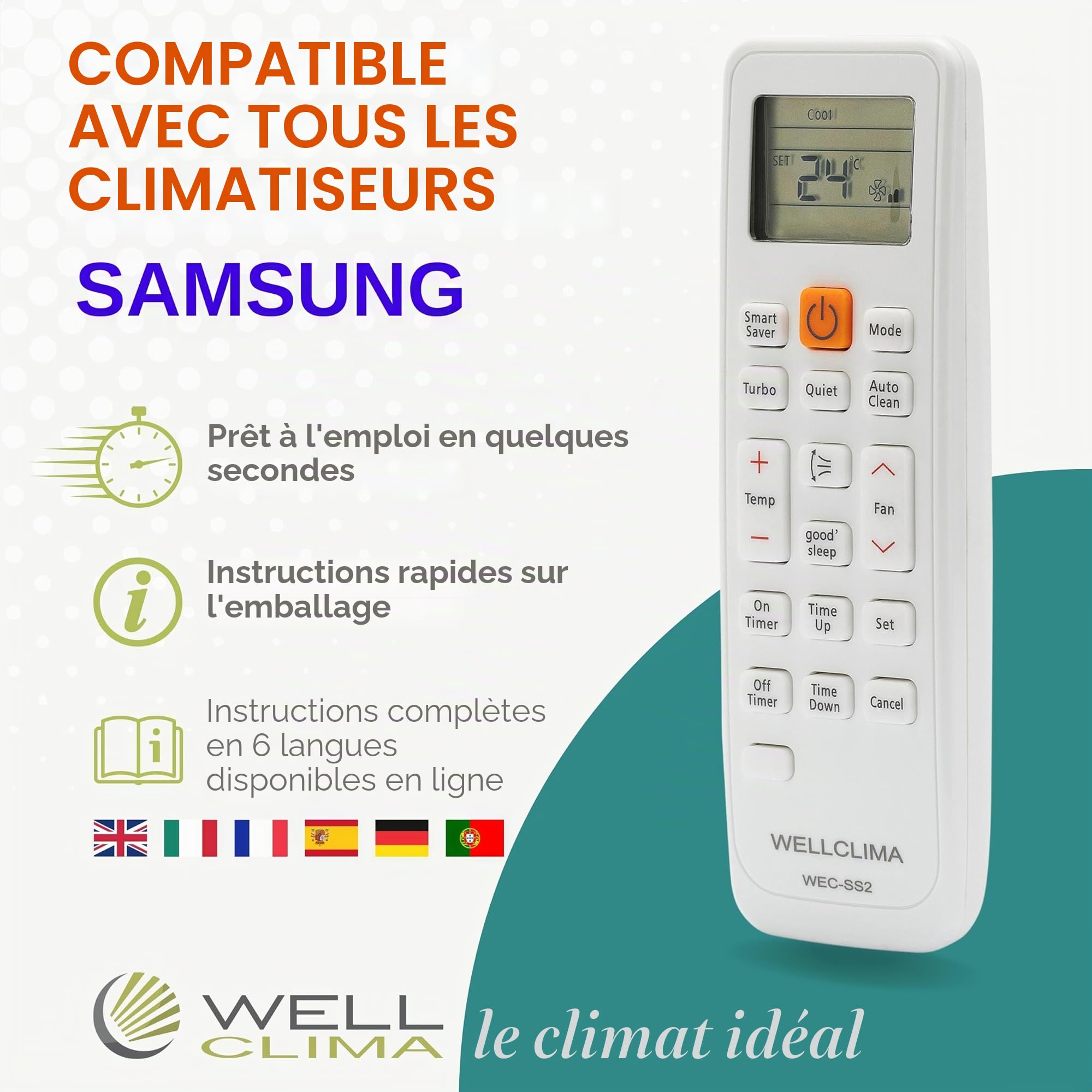 Télécommande Universelle Wellclima pour Climatiseurs Samsung, Compatible avec Tous Les Modèles, Similaire aux Originaux, Fonctions Avancées, Prête à l’Emploi, Assistance Directe