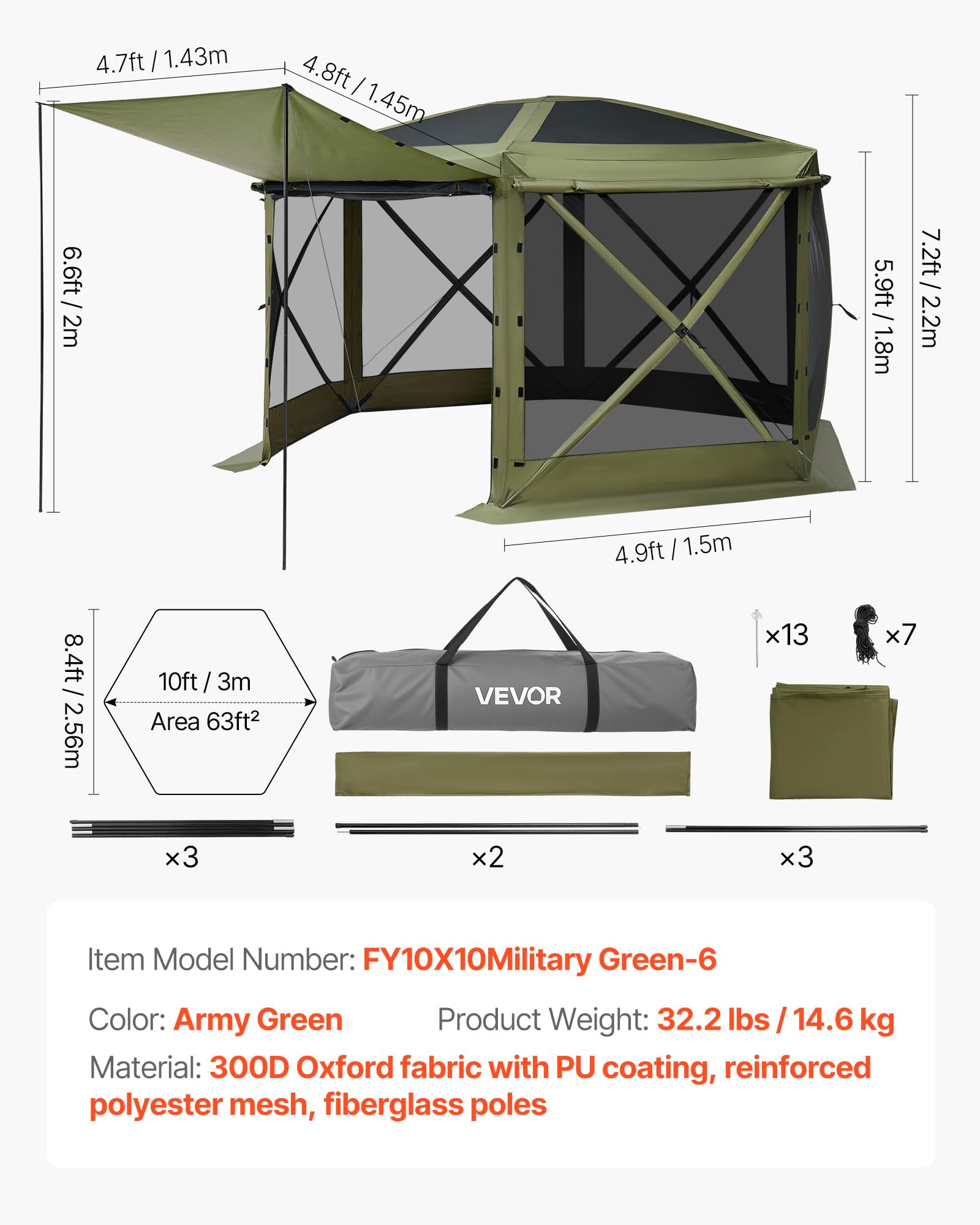 VEVOR Carpa Plegable de 6 Lados 3 x 3 m, Pérgola de Jardín con Techo Desmontable y Bolsa de Transporte, Carpa de Exterior para 6 a 8 Personas, para Fiesta, Camping, Playa, Patio, Jardín, Verde