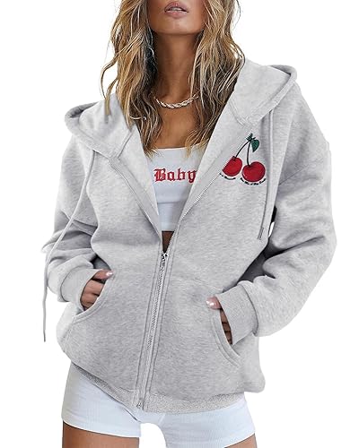 LovelyWholesale Womens Oversized Zip Up Hoodies Casual Cherry Graphic Sweatshirts