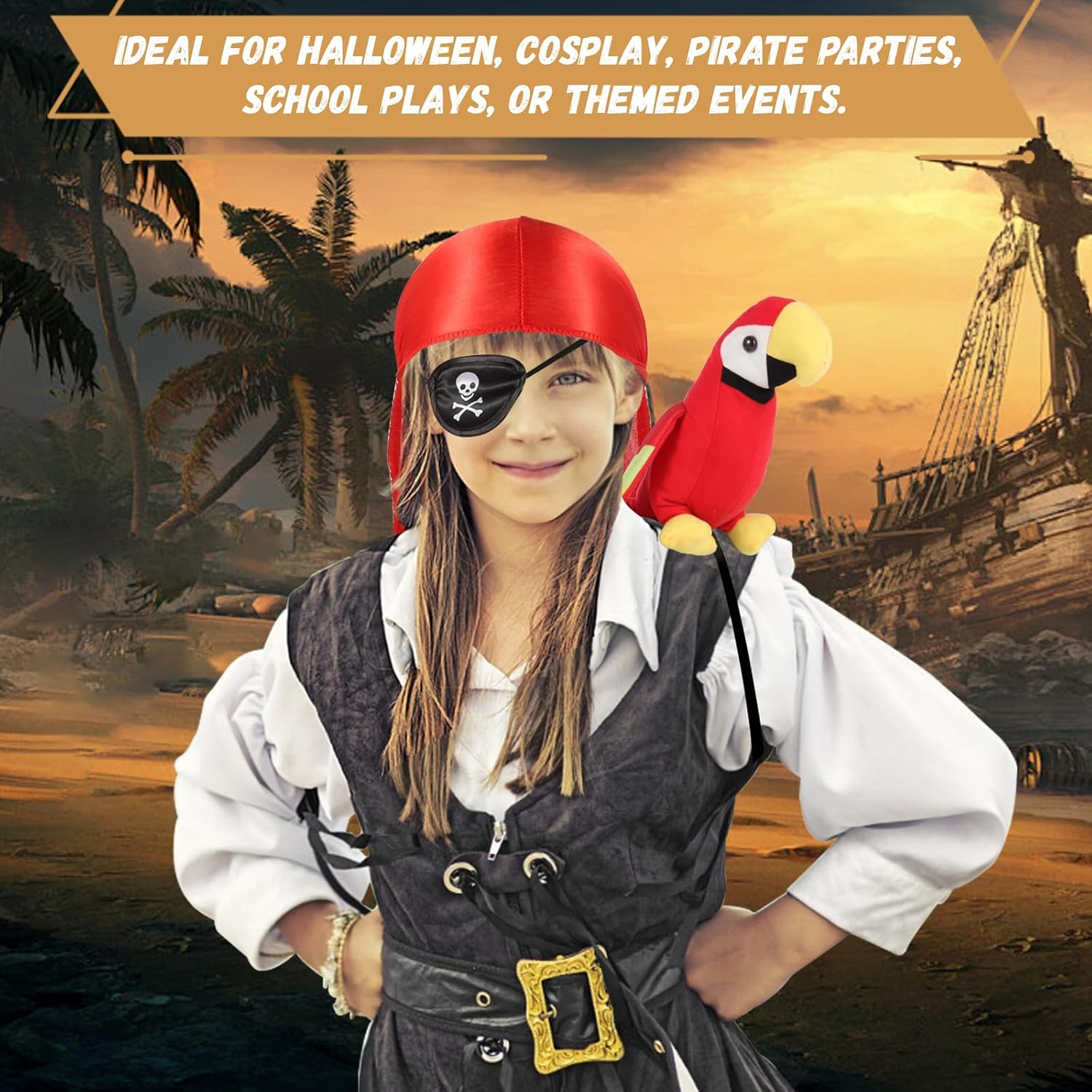Eco-Fused Pirate Accesories Set Parrot Plush Shoulder Stuffed Headscarf Eye Patch 3-Pack