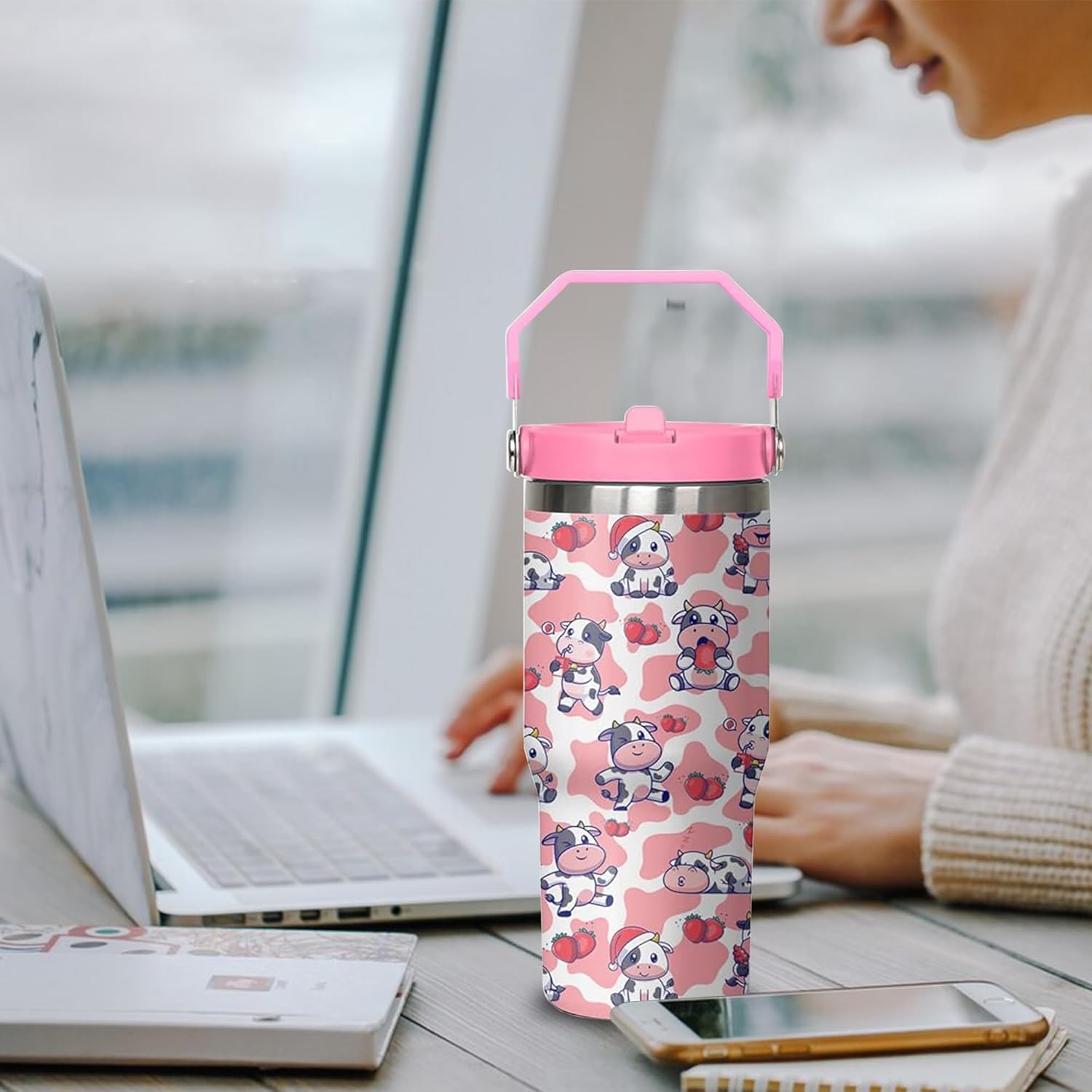 30 oz Pink Cow Tumbler with Handle and Flip Straw, Stainless Steel Insulated Cup with Lid and Straw,Travel Coffee Mug Water Bottle,Christmas Birthday Mothers Day Gifts for Women Animal Lovers - Image 6