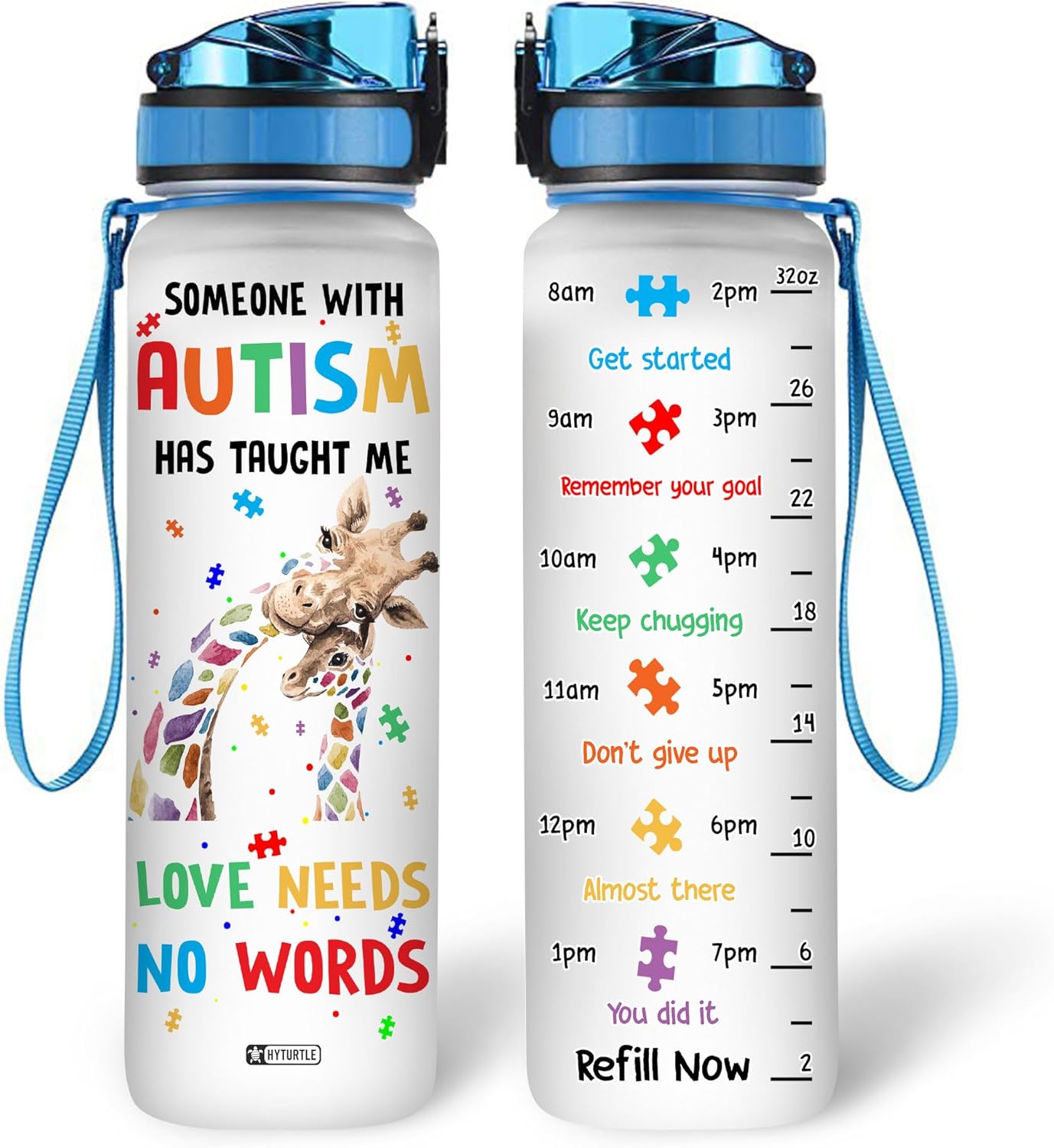 Hyturtle Autism Awareness 32oz Motivational Water Bottle, Time Marker, Gifts for Women, Mom, Kids, Autism Day, Birthday