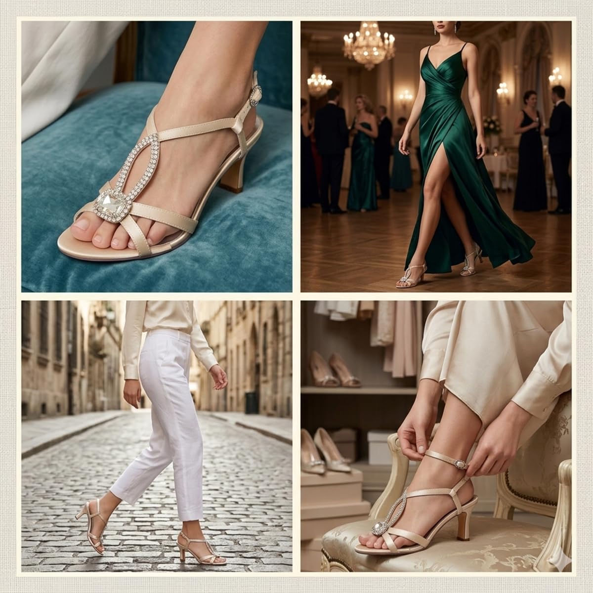 Sandalias Mujer T-Strap Slingback de Satén Tacón Medio Boda con Cristal Cuadrado Elegante Calzado de Fiesta con Tiras de Pedrería