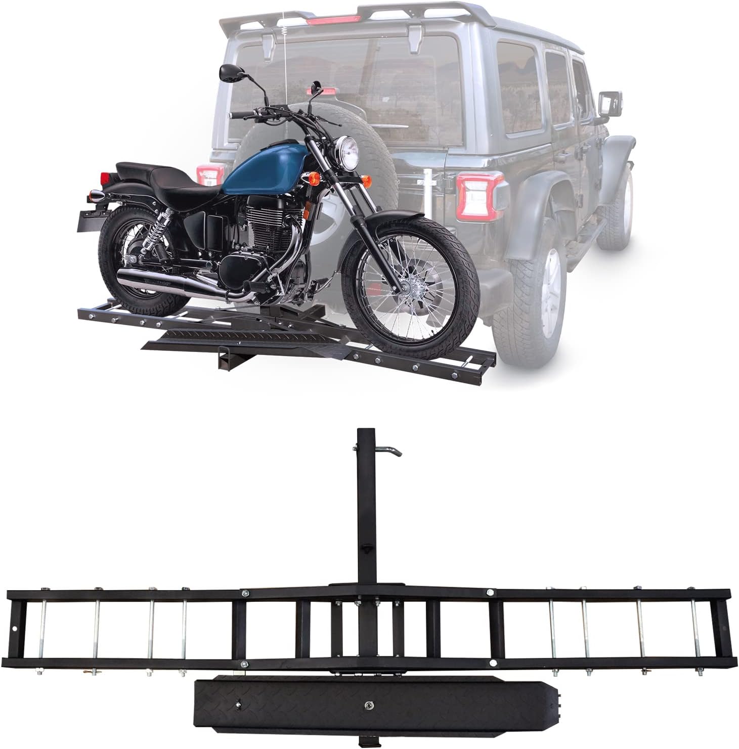 HOUGEET 500LBS Motorcycle Trailer Hitch Mount, Motorcycle Carrier Dirt Bike Hitch Hauler with Loading Ramp Heavy Duty Steel Motorcycle Rack for Hitch
