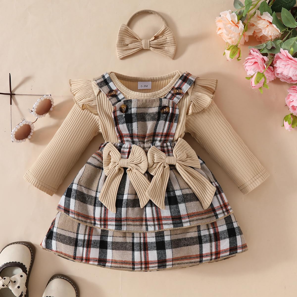 Conjunto Faldas para Niñas Recién Nacidas Manga Larga/Corta Top con Volantes + Cuadros/Osos Cariñosos Vestido con Tirantes Otoño Invierno Ropa Trajes