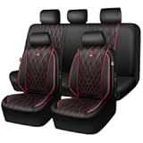 CAR PASS Piping Luxury Leather Seat Covers Full Set&comma;5 Seats Anti-Slip Waterproof Seat Covers Compatible with Front Armrests&comma;Universal Fit for Sendan SUV Van Truck&comma;Airbag Compatible&comma;Black and Red