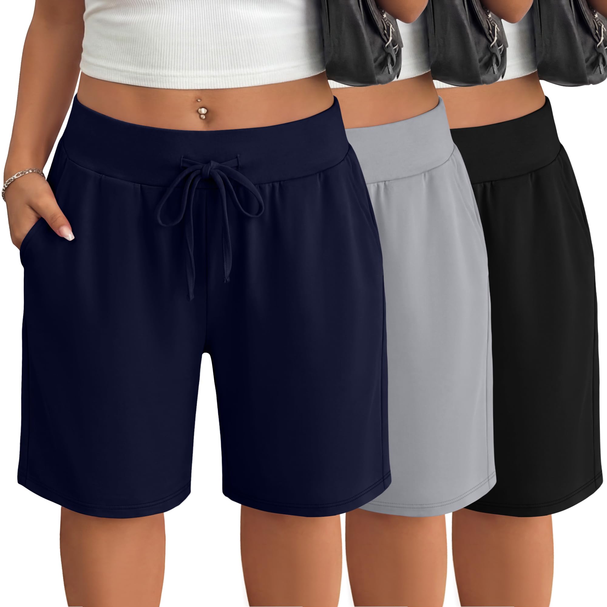 Neer 3 Pack Plus Size Women's Bermuda Shorts Drawstring High Waist Casual Athletic Sweatpants with Pockets XL-5xl
