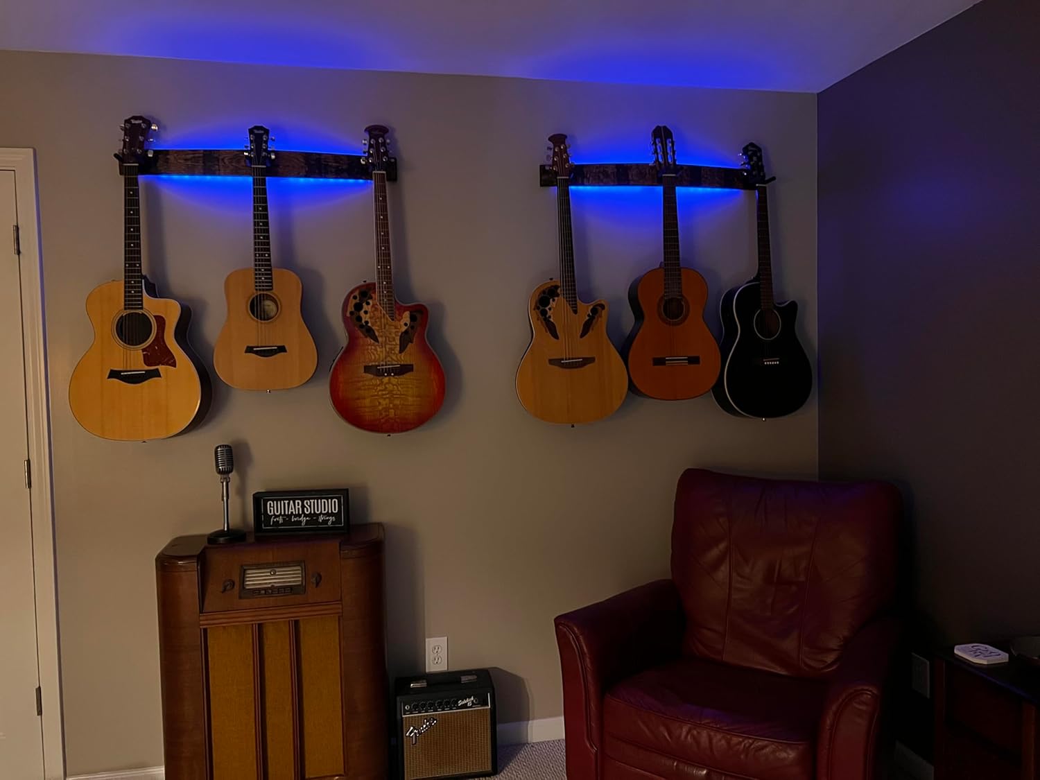 Coyle Woodworks Whiskey Barrel Stave 3-Guitar Wall Mount with LED Lights |Instrument Mount for Guitar, Ukulele, Violin, Banjo, Bass, Guitar Hanger, Gloss Finish