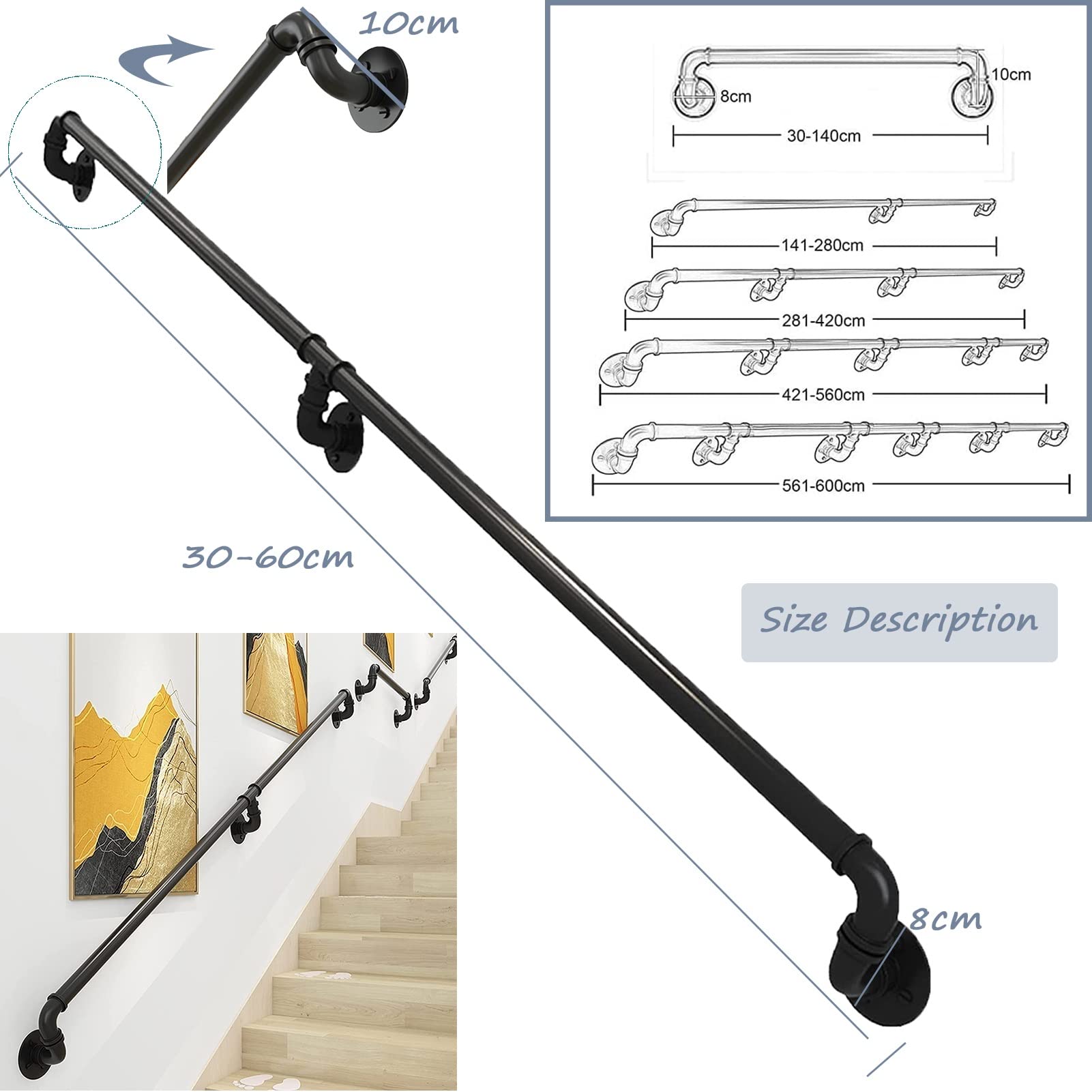 Pasamanos para escaleras - Kit completo 30 cm-600 cm, balaustres de pared Pasamanos Lofts Bar Mostrador Riel para pies Pasamanos de escalera de pared, Pasamanos negro para exteriores ( Size : 5.1m )
