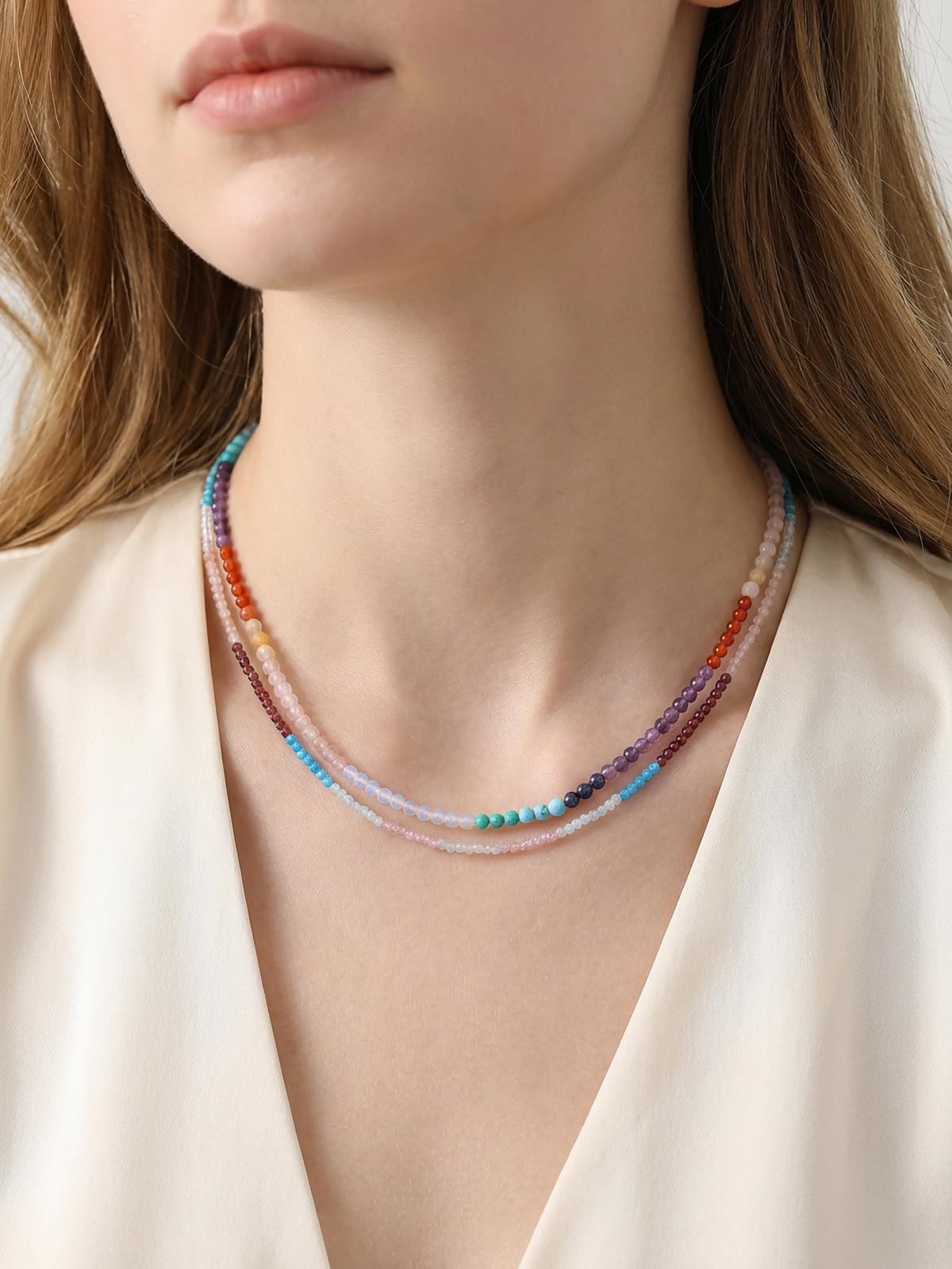 JSDDE Ensemble Colliers Perles Colorées en Pierres Naturelles Femme Fille 3mm Boheme Colliers Fines Couleur Perles Rondes Facettes Pierres et Cristaux Précieuse Parure Bijoux Empilables Porte Bonheur - 4