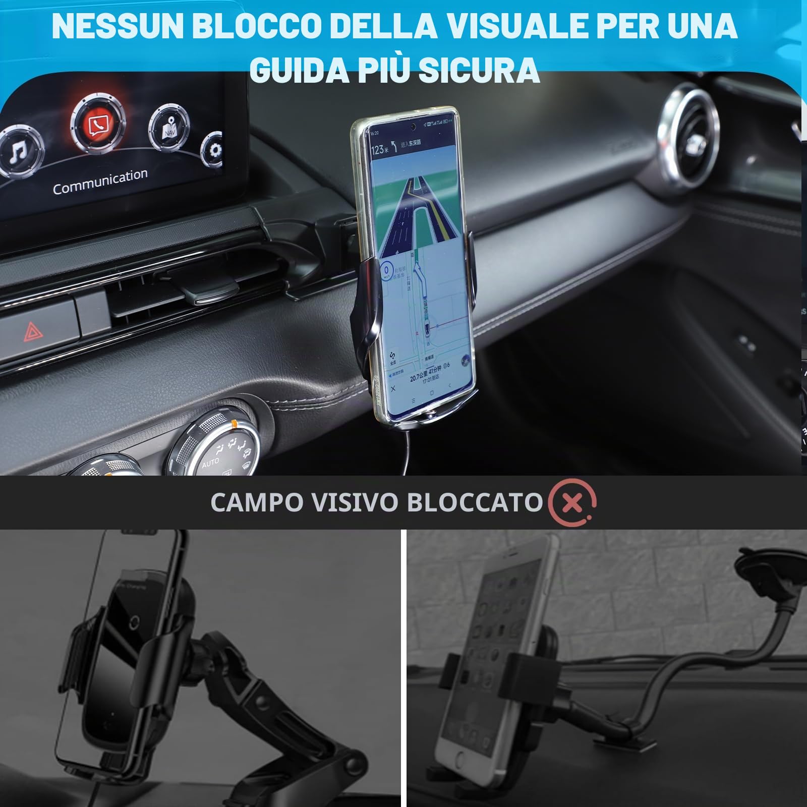Supporto per telefono da auto per Mazda MX-5 ND 2016-2024 al centro della bocchetta dell'aria sul lato destro, ruotabile, fisso, per auto, adatto per iPhone, Android e smartphone universale (ricarica