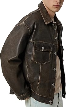 Leather Trucker Jacket Men - Distressed Brown Lambskin Vintage