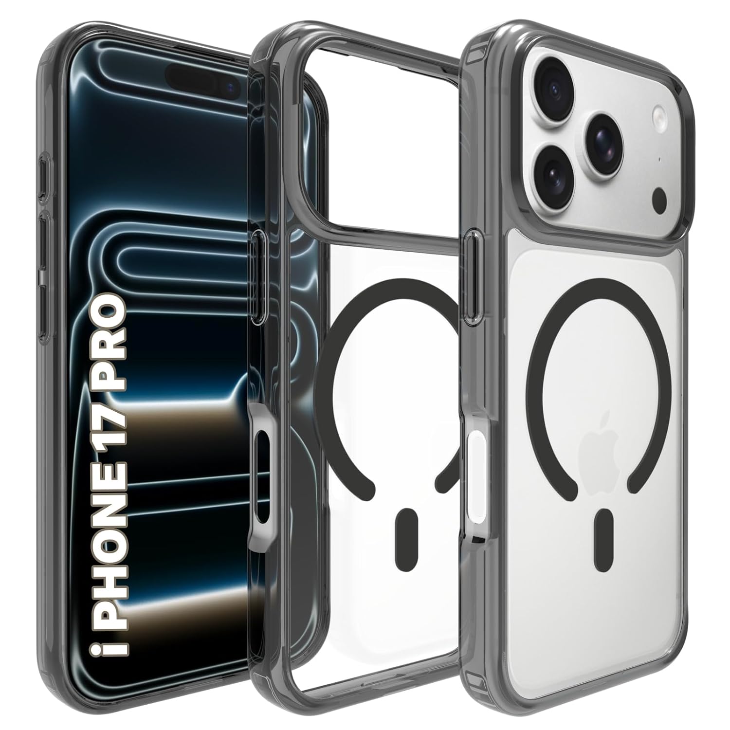 RIGGEAR Shockproof Clear Hybrid Armor Magnetic Back Cover Case Compatible with MagSafe Accessories for iPhone 17 Pro (Clear-Black TPU Bumper + Transparent PC) (Black MagRing)