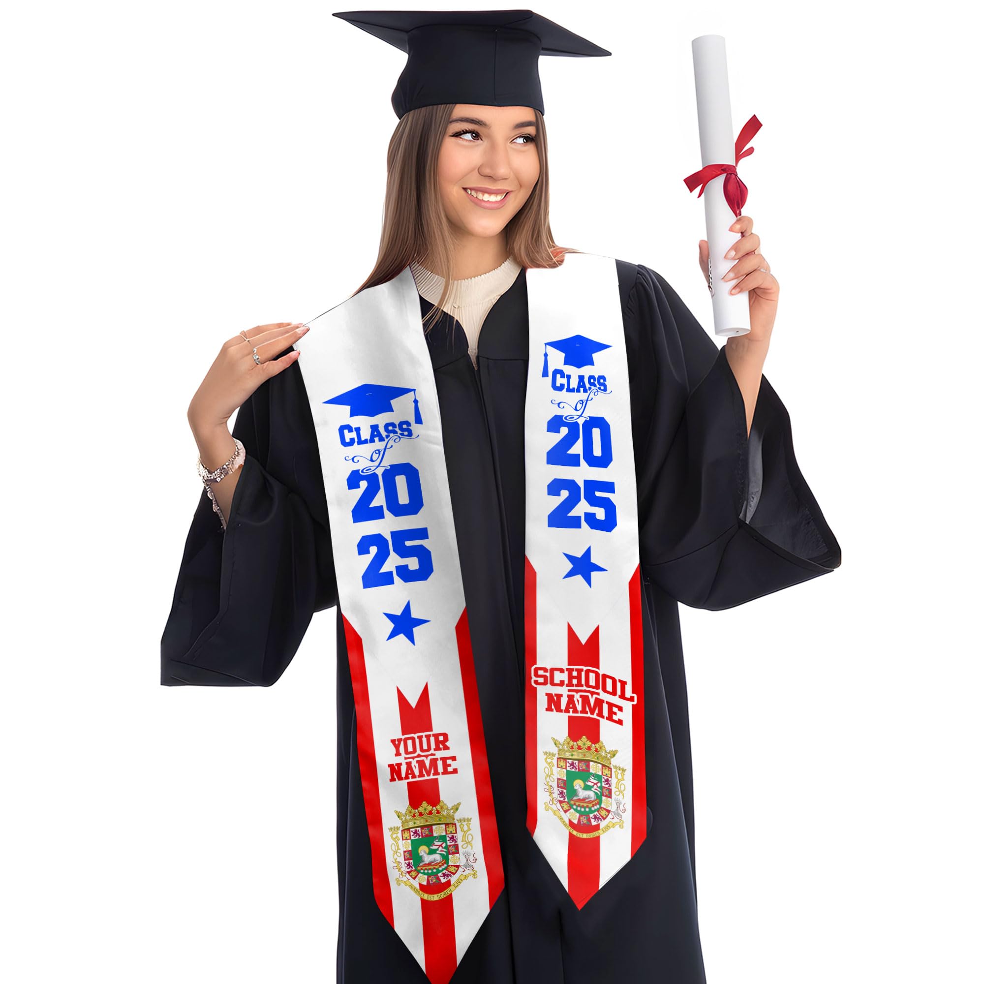 MonkeyVan Custom Puerto Rican Graduation Stole, Puerto Rico Graduation Sash, Puerto Rico American Flag Grad Sash Class Of 2025 Pr 11