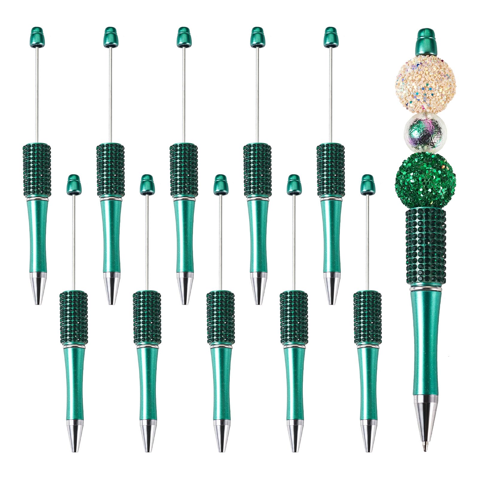 Cheriswelry 10Pcs Beadable ABS Plastic Ball-Point Pen Baking Paint Beaded Pen with Rhinestones for for Office School Supply DIY Personalized Pen, Green
