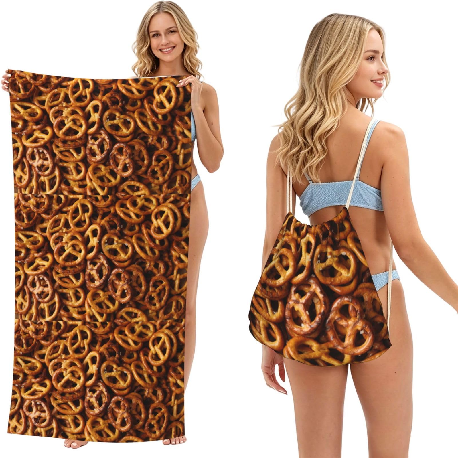 Poadnly As Picture Pretzels Bread Pattern, 2 In 1 Packable Towel Bag, Beach Towels With Drawstring Backpack For Travel Holiday Camping