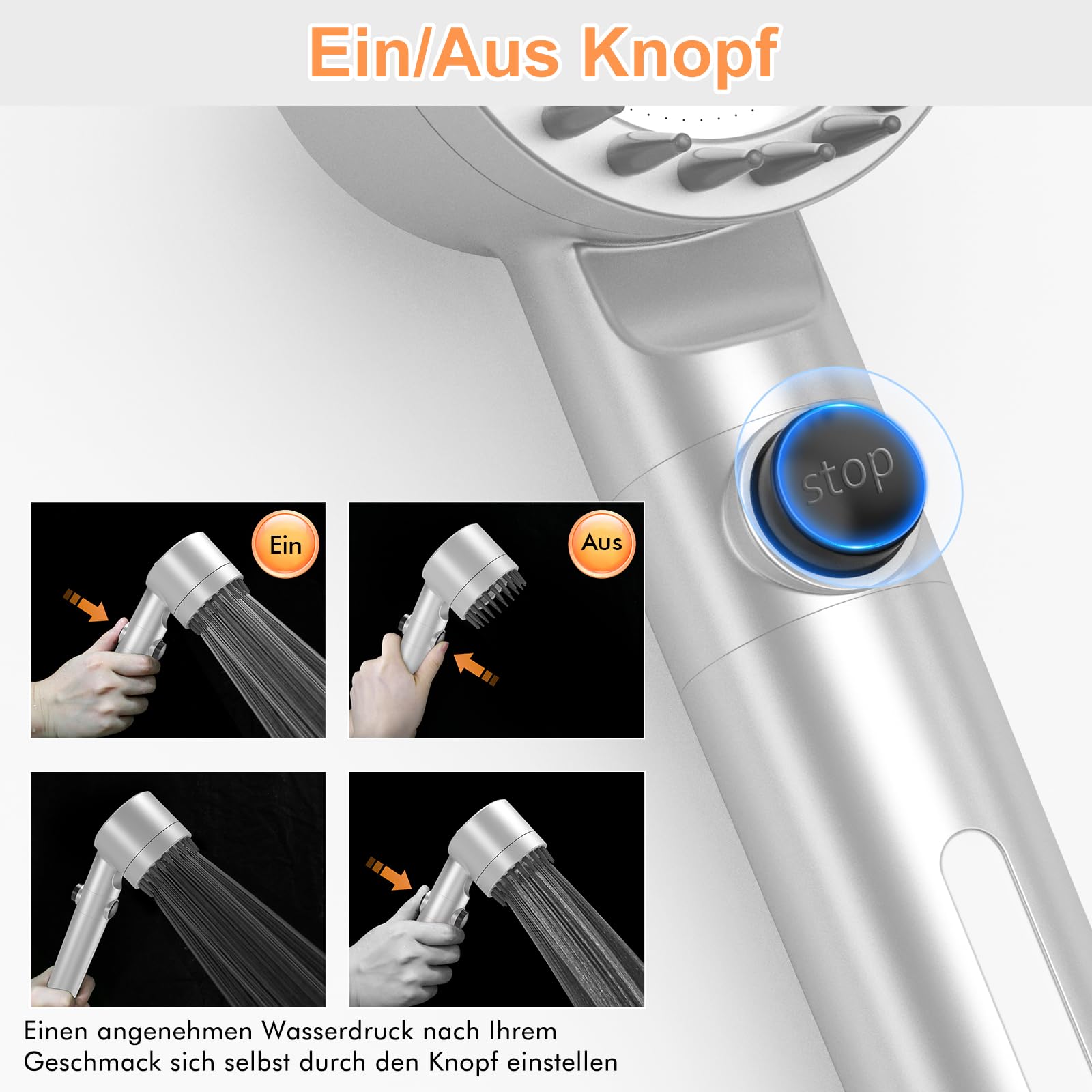 MEKO Hogedruk Douchekop met Filter voor Kalk,Waterbesparend Handdouche met 1.5m Slang,3 modi Vervangbaar Straalsoorten,Filterende Douchekoppen met Massageborstel voor doucheruimte (Zilver