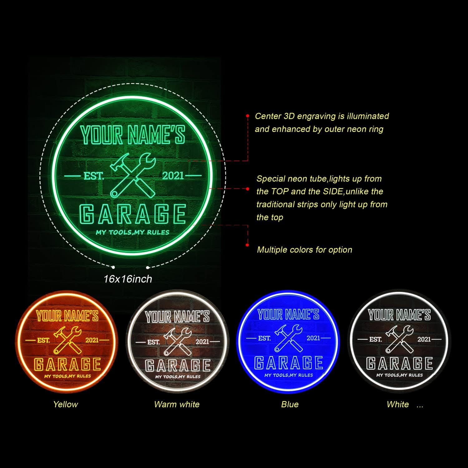 Custom Garage Neon Sign, Personalized Name Neon Garage Light Sign, Wall Décor Light Up Man Cave LED Sign for Garage, Men, Dad Gift, 16x16” Round (Garage Neon Sign 2)