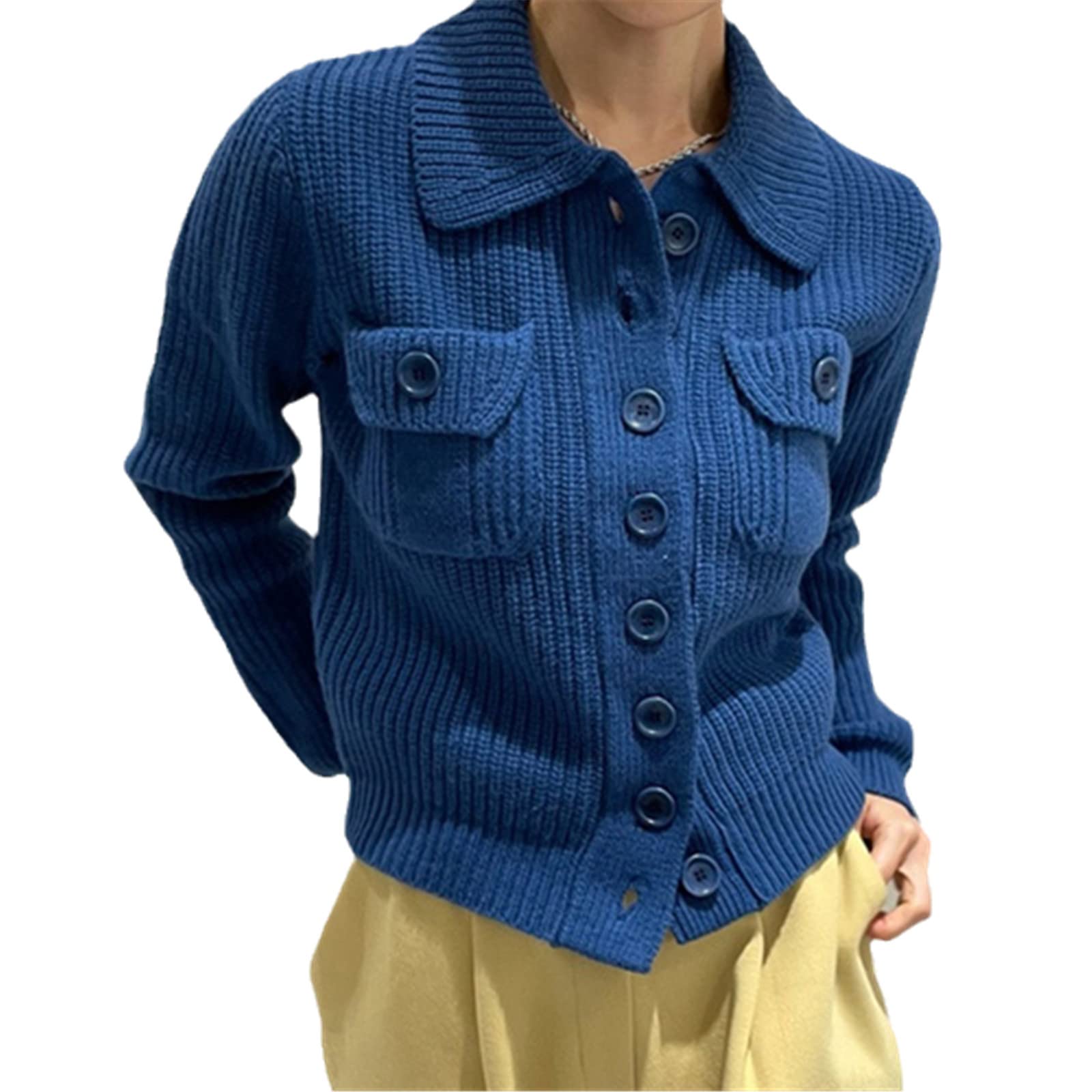 Otoño Invierno De Punto Cardigan Chic Doble Bolsillos Suéter Abrigo Slim Cintura Elegante Chaqueta De Punto, azul, Talla única