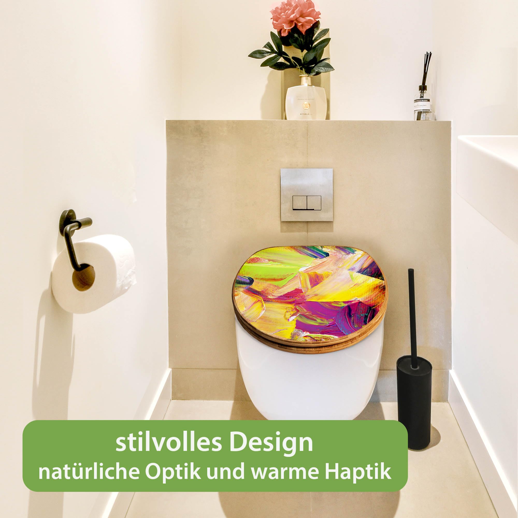 banjado Design WC Sitz Bambus Absenkautomatik 45,8x37,5cm - Toilettendeckel mit Absenkautomatik Holz - hochwertiger Bambus Klodeckel - WC-Sitz für gängigen Toiletten - Motiv Farbe auf Leinwand