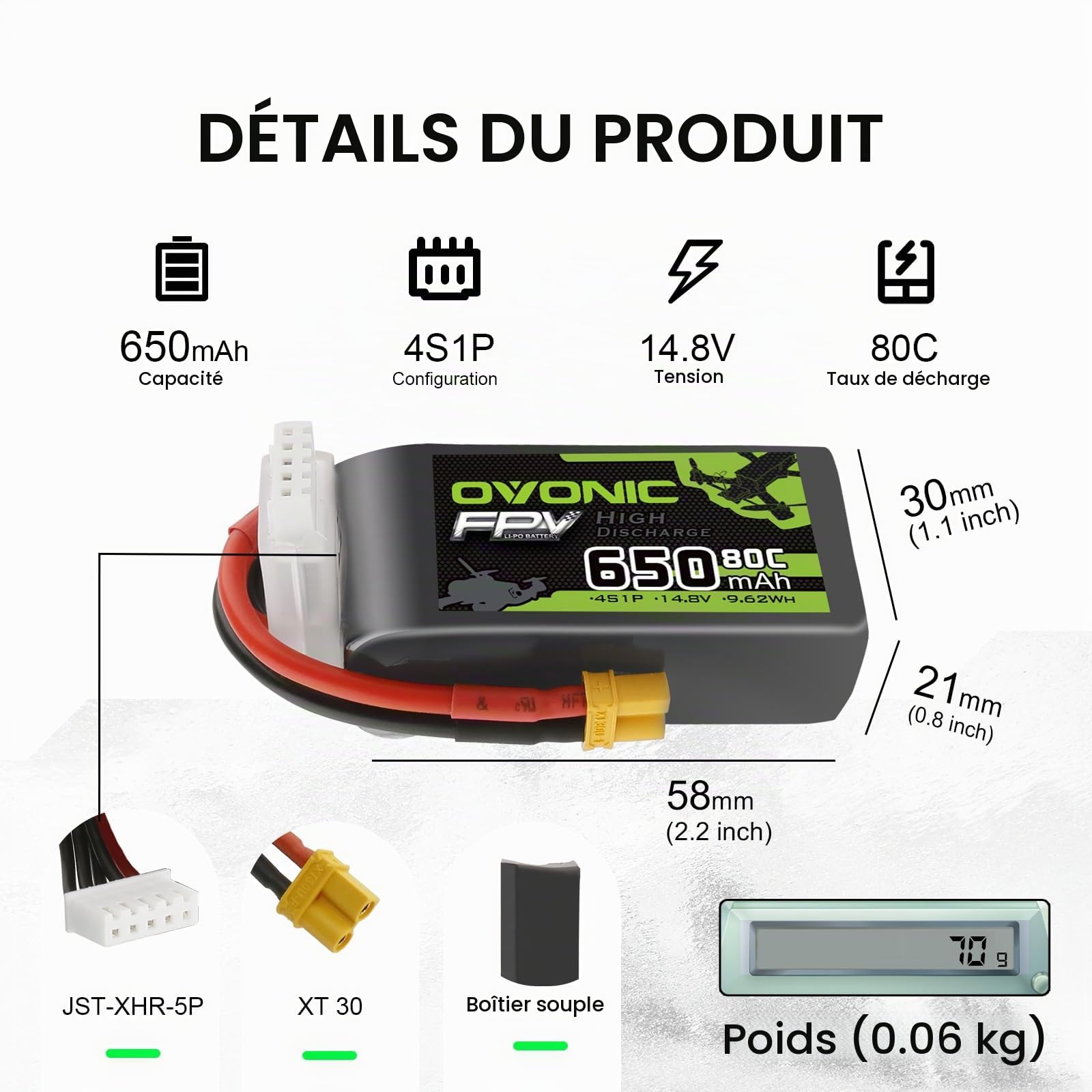 OVONIC Lipo Batterie 4s 80C 650mAh 14.8V avec XT30 pour RC Avion Quadcopter Hélicoptère FPV Racing Drone (4pcs)