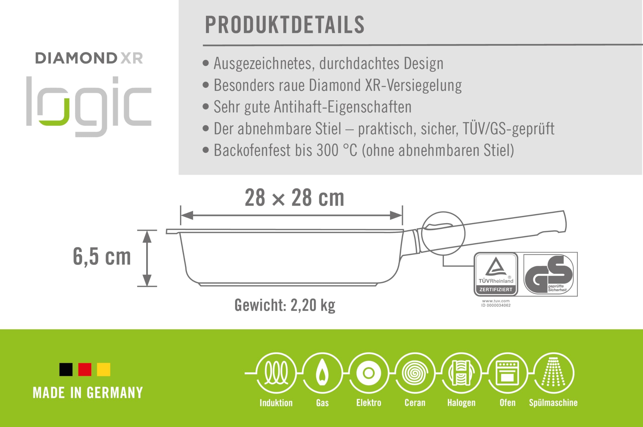 Woll Eco Logic QXR Viereckpfanne - Induktiv -, 28 x 28 cm, 6.5 cm hoch, mit abnehmbaren Stiel - Geeignet für alle Herdarten, PFAS-frei, Antihaft-Versiegelung, Aluminiumguss, backofenfest, schwarz