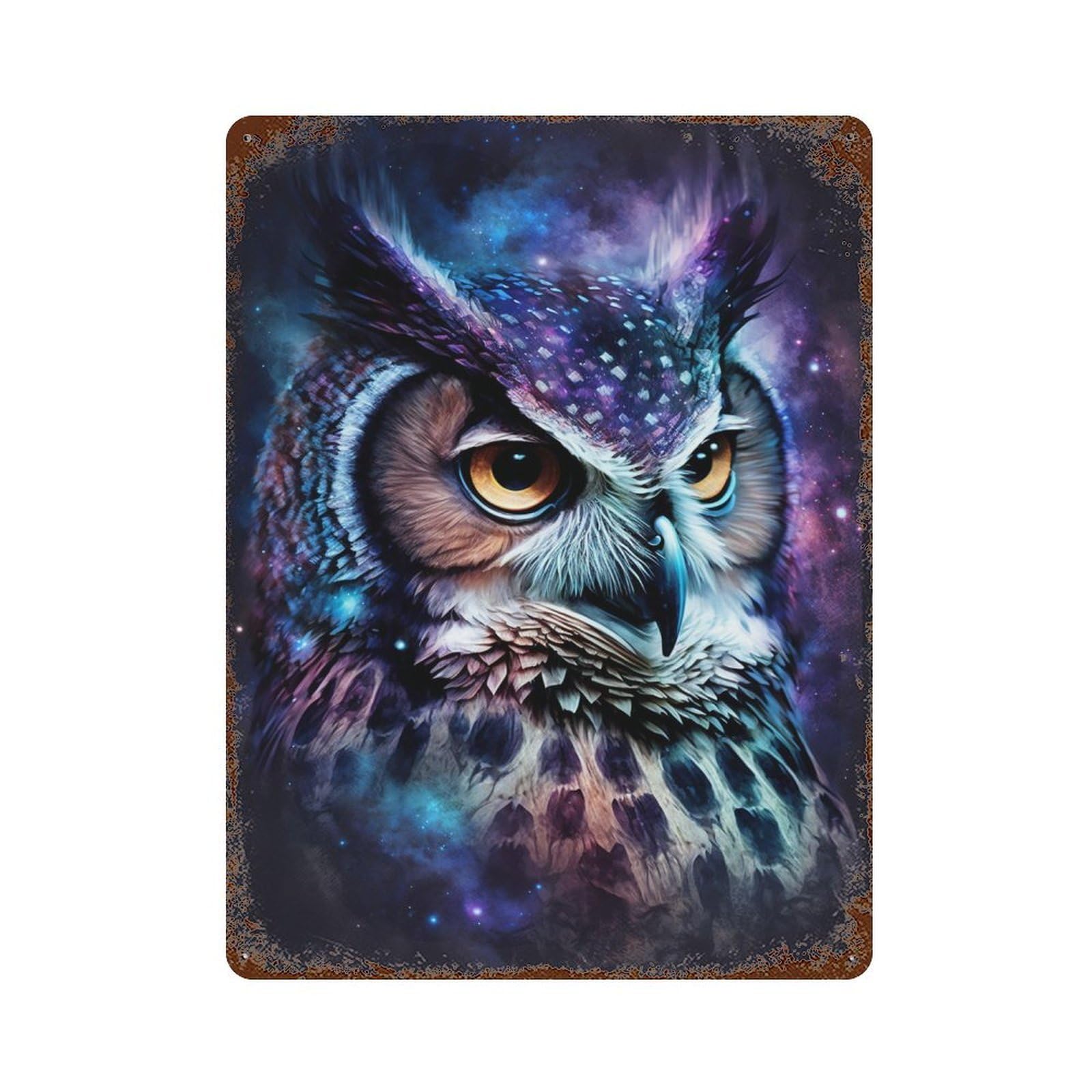 Rust Effect Cosmic Owl Art Print Distressed Metal Wall Sign 15.7"x11.8", Shabby Chic Decor for Pub, Kitchen And Man Cave Decor