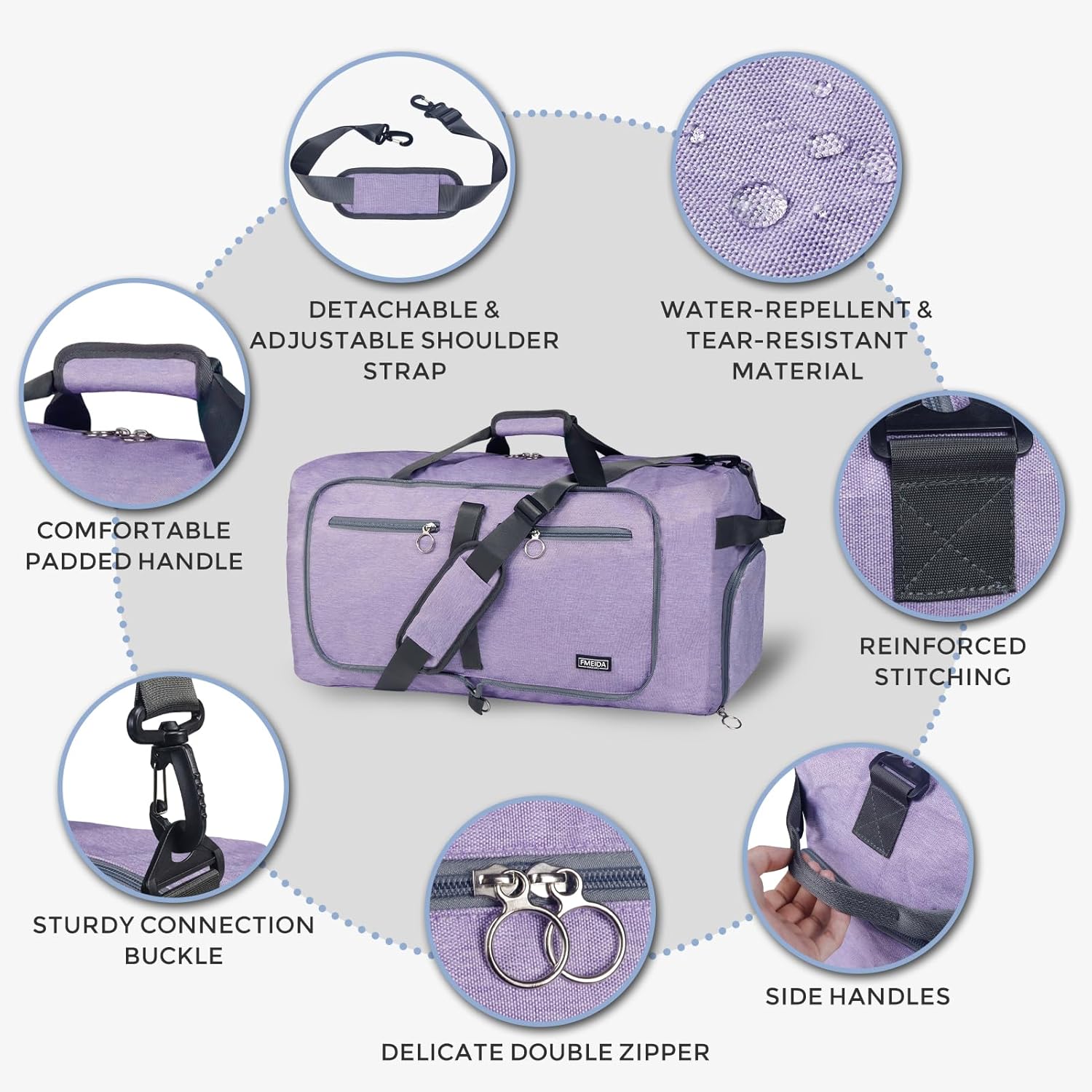 Fmeida 65L Duffle Bag with Shoes Compartment, Foldable Travel Duffel Bags for Men Women, Large Packable Travel Bag Water Repellent & Tear Resistant (Purple) - Image 6