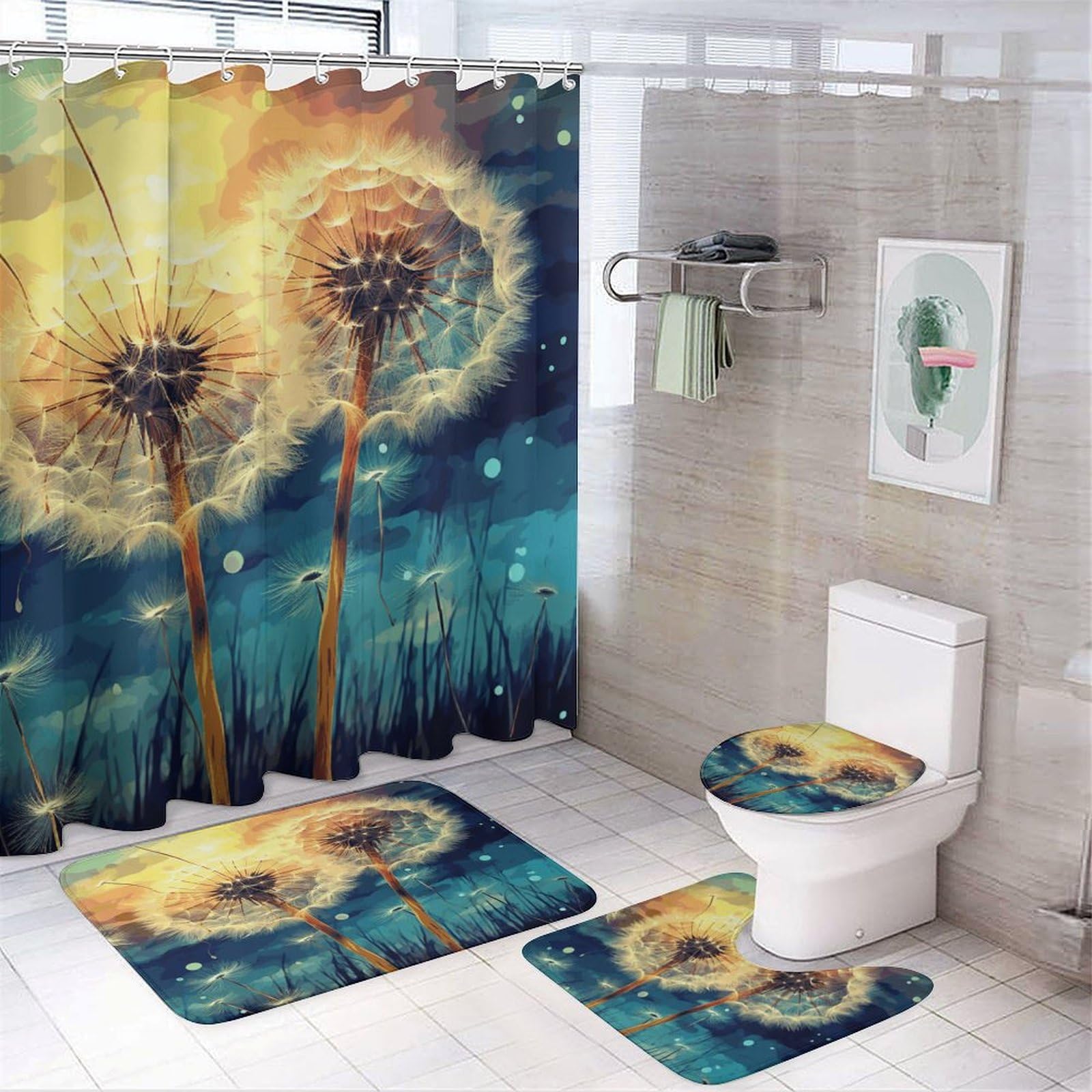 Rideaux de douche imperméables pissenlit et tapis antidérapant haute sécurité