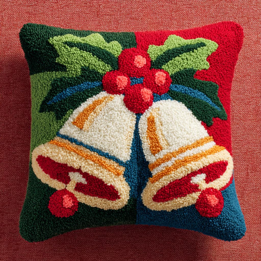 AMBATTERY Latch Hook Kits for Adults, Christmas Bells DIY Latch Hook kit Cushion Throw Pillow Embroidery Craft for Beginner,43X43cm