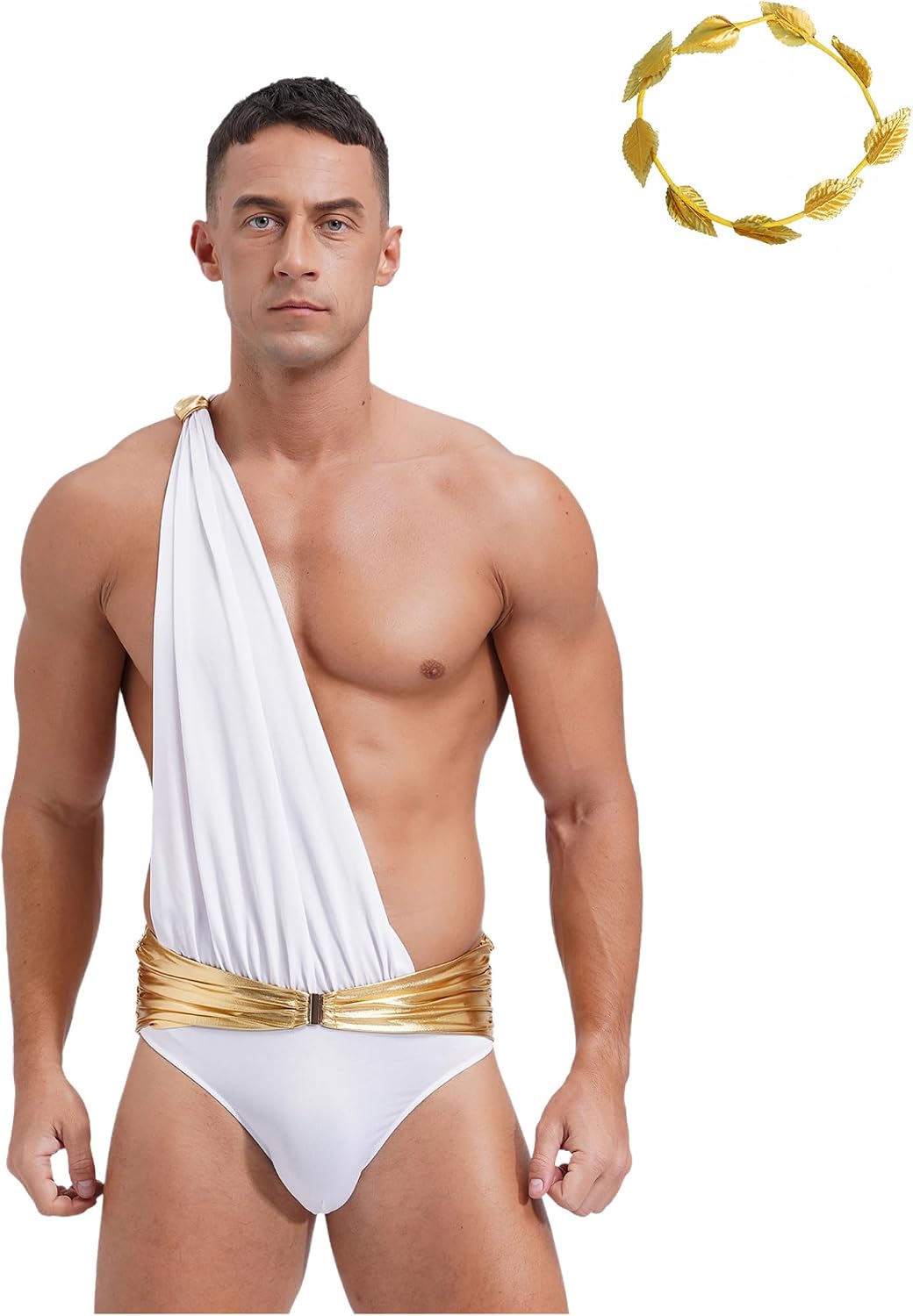 Men's Ancient Greek Roman Bodysuit One Shoulder Metallic Belt Briefs Toga Jumpsuit Headwear