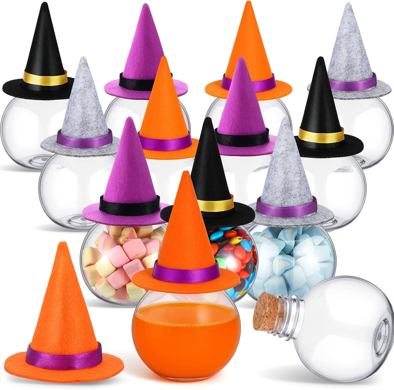 Baderke 12 Pcs 13.5 oz Spherical Plastic Potion Bottles with Hat Ball Shape Round Bottles for Drink Candy Jar Halloween Table Decoration DIY Crafts Gifts(Black)