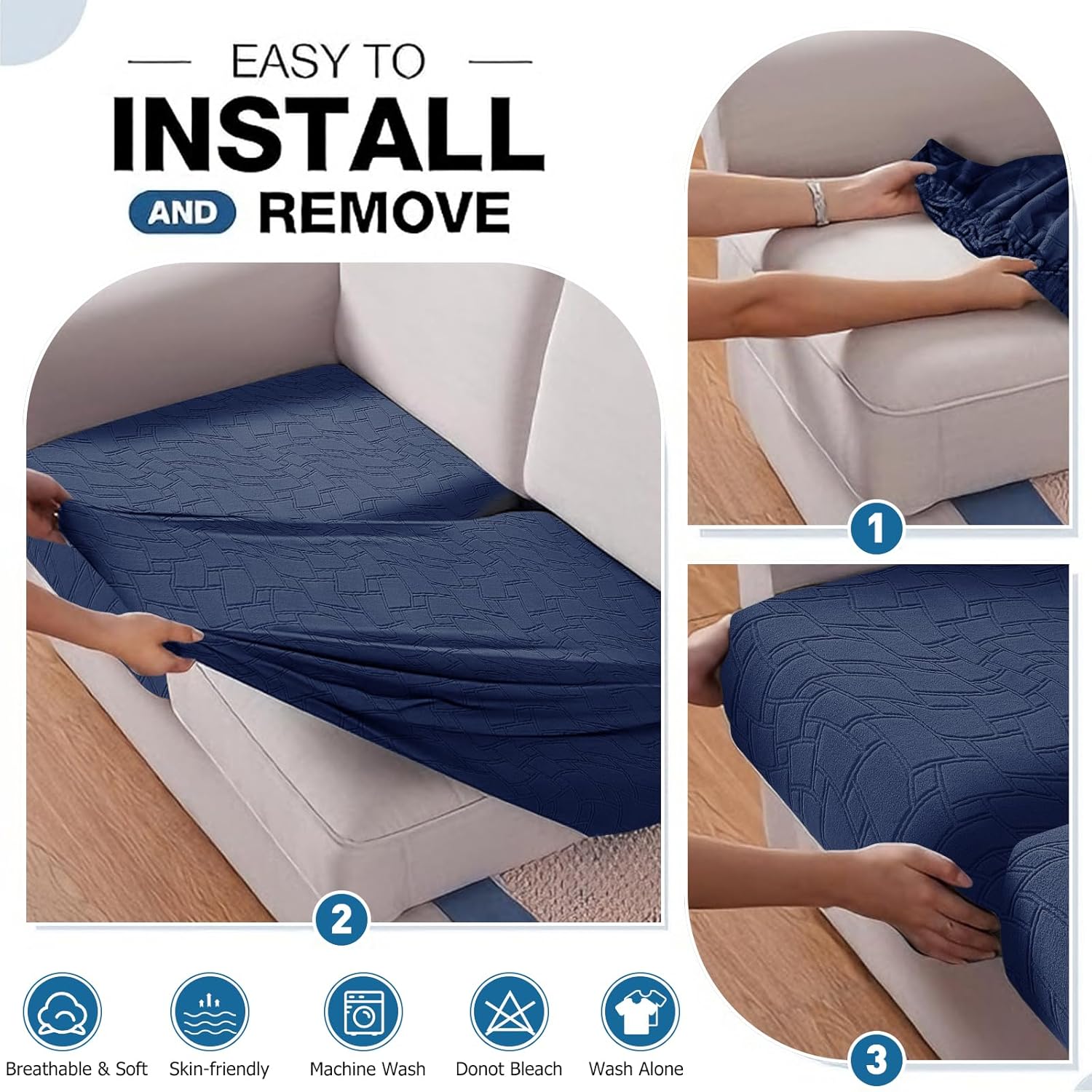 MAXIJIN Waterproof Couch Cushion Covers Individual Love Seat Cushion Cover Stretch Sectional Sofa Slipcovers with Elastic Bottom for Dogs Pets (1 Piece for Loveseat, Navy Blue)