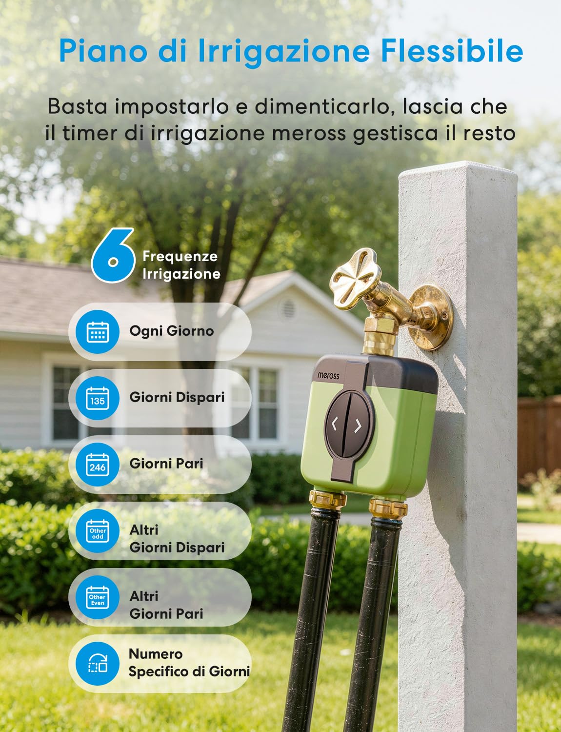 Meross Centralina Irrigazione WiFi 2 Vie MST200, Irrigazione Automatico & Controllo Remoto, Ritardo Pioggia & Monitoraggio Consumo Acqua, Compatibile con Apple Home, Alexa e Google Home, Verde, 2.4GHz
