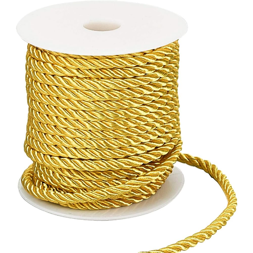 PH PandaHall 5mm Gold Twisted Cord 3-Ply Decorative Polyester Silk Cord Shiny Viscose Cording Thread Graduation Cords for Christmas Home Décor Embellish Halloween Costumes Bag Drawstrings 59 Feet