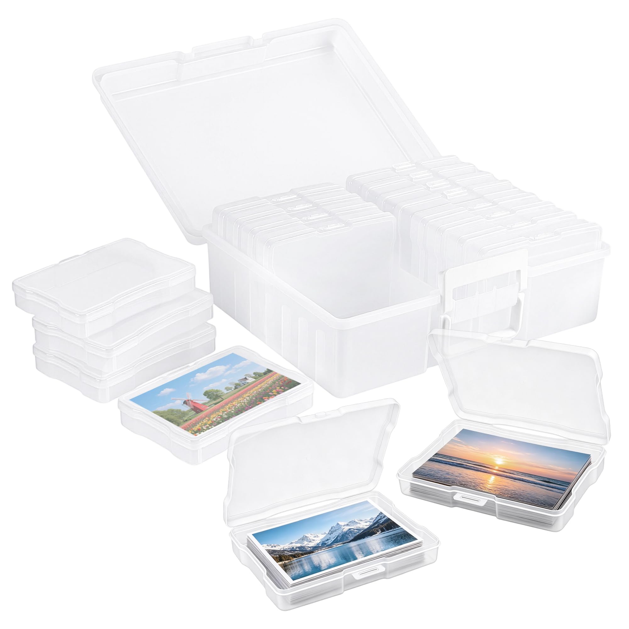 Fotobox Aufbewahrungsbox mit 16 Fächern, Foto Aufbewahrungsbox 38 x 31 x 13 cm transparent PP mit Griff Deckel, Foto Organizer Box für Fotos Karten Handwerk