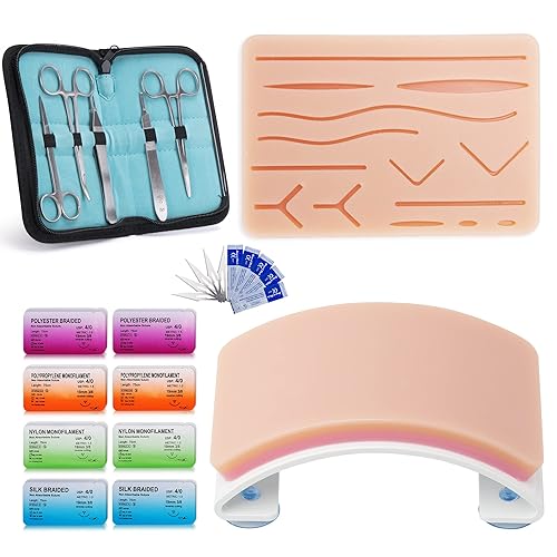 Kit avanzado de práctica de sutura Alcedo para estudiantes de medicina y veterinaria, juego completo (33 piezas) incluye almohadillas de heridas