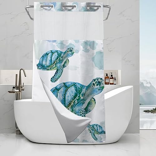 Vista 172 de Cortina de ducha de tortugas marinas, temática náutica de playa, verde y verde azulado, sin ganchos, punto gofre y forro desmontable, decoración