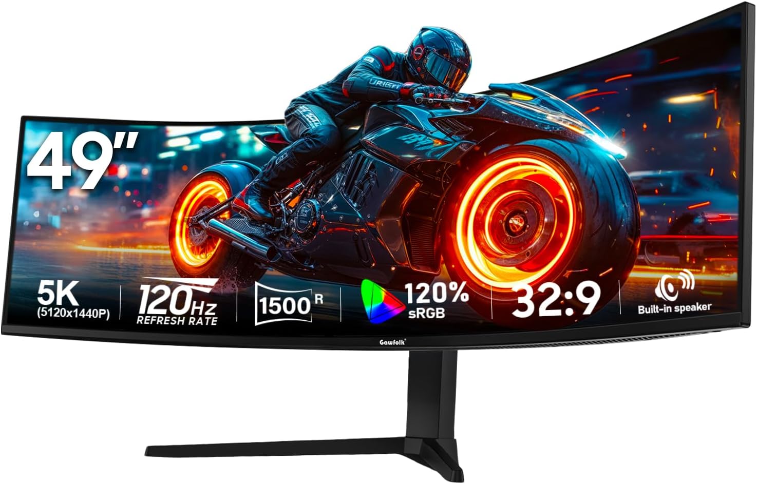 Gawfolk 49 Inch Curved Gaming Monitor 120hz,1500R PC Monitor Built-in Speakers, DQHD 5120×1440 Computer Screen for Home Office Business, DP, HDMI, Support Wall Mount 75x75mm